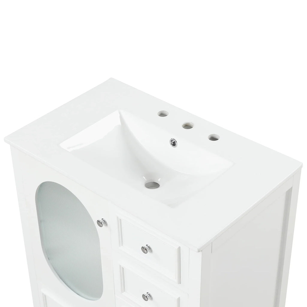 eprolo 30 inch white bathroom vanity with integrated sink and three drawers