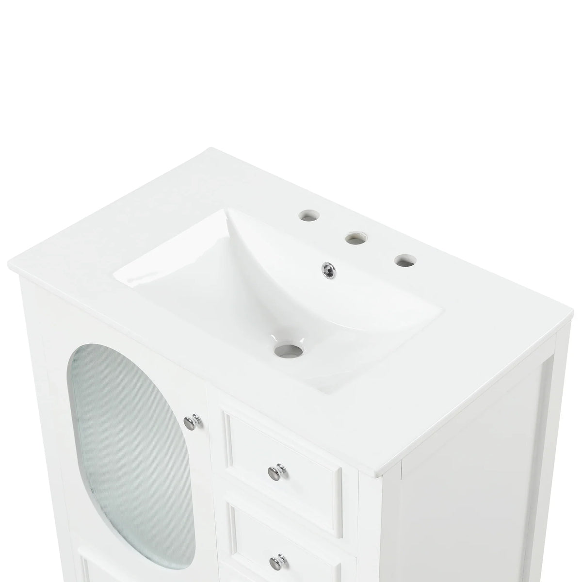 eprolo 30 inch white bathroom vanity with integrated sink and three drawers