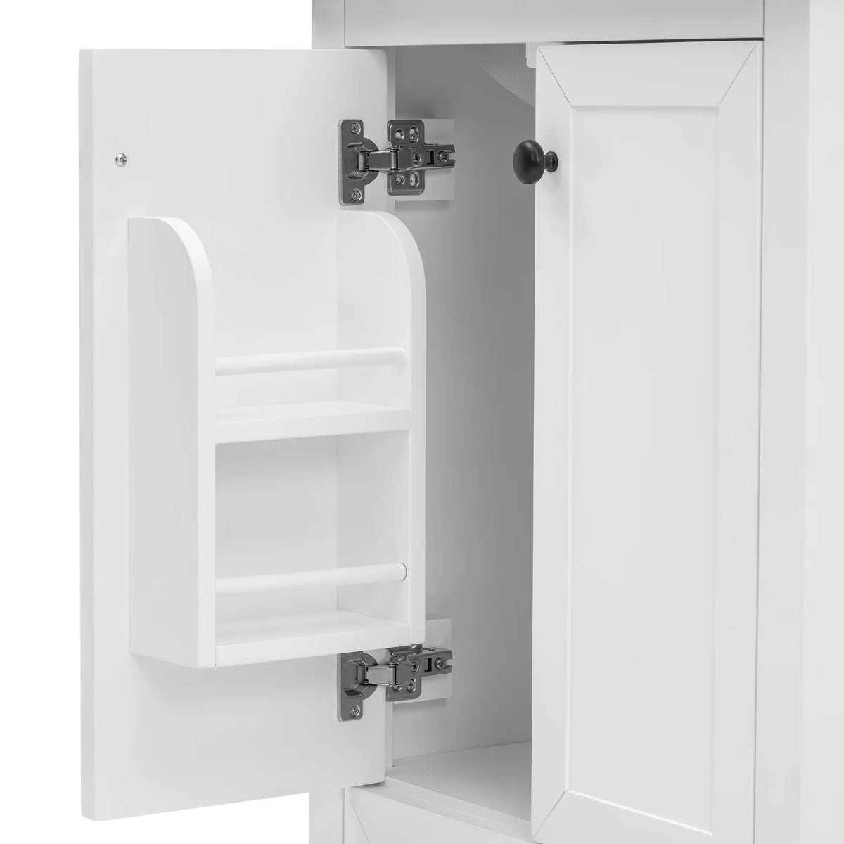 Open door of eprolo white bathroom vanity cabinet showing interior storage organizer.