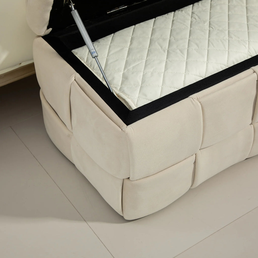 Beige eprolo storage ottoman chair with a white quilted interior and safety hinge mechanism.