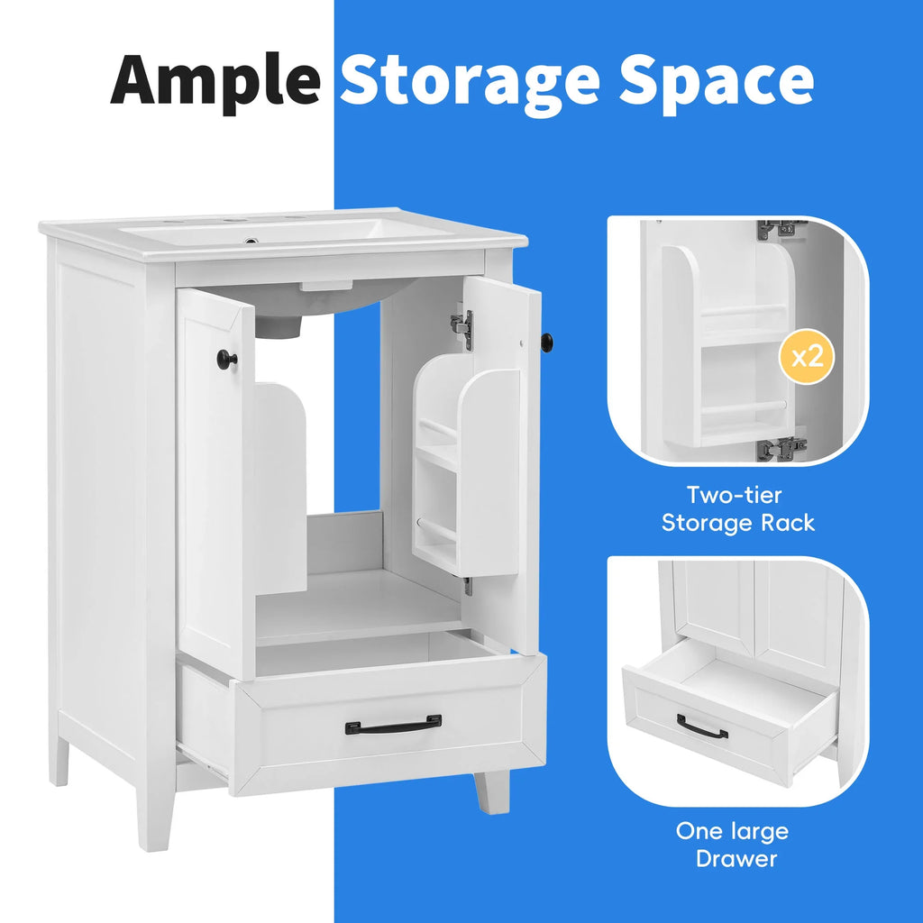 White 24 inch eprolo bathroom vanity cabinet with sink, one large drawer, and storage doors.