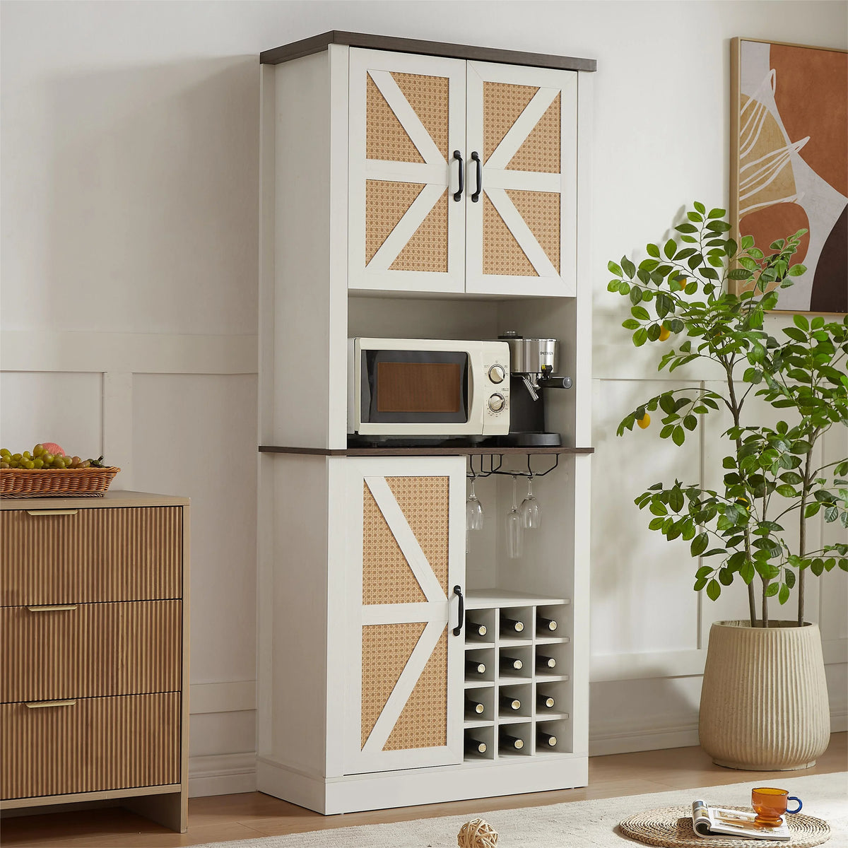 eprolo Farmhouse Faux Rattan Wine & Bar Cabinet with microwave shelf and wine rack