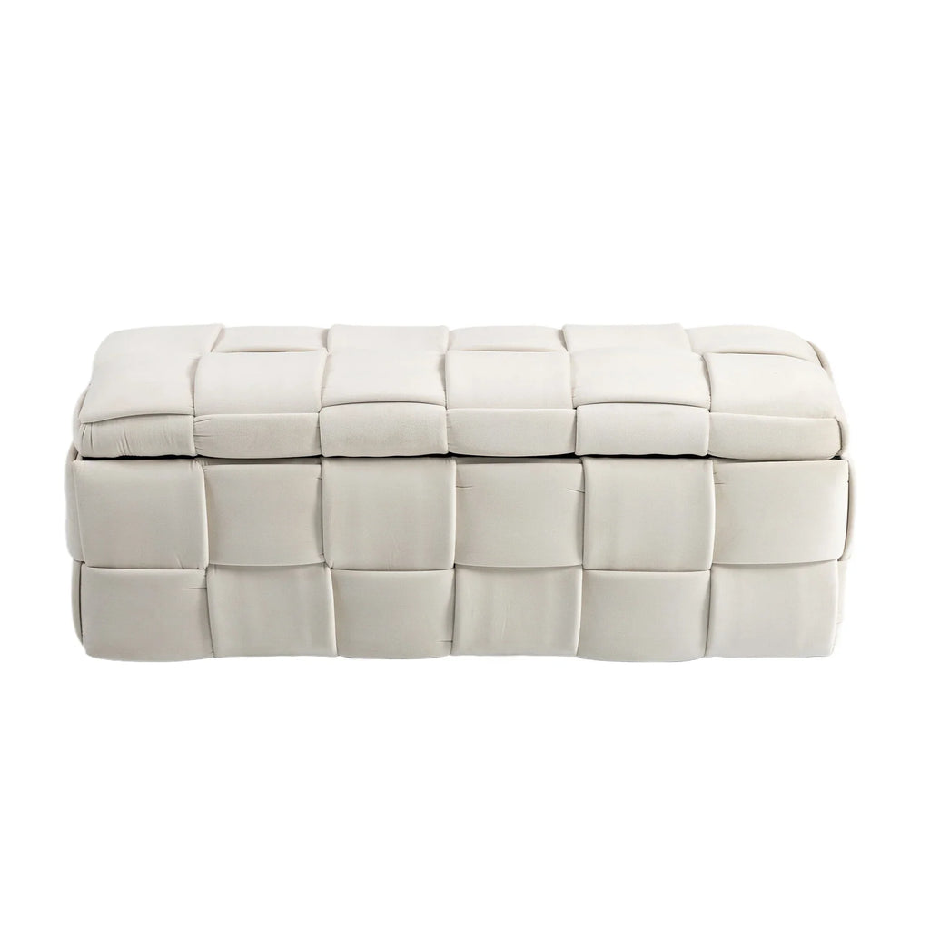 Beige eprolo cushioned fabric storage ottoman stool with woven texture.