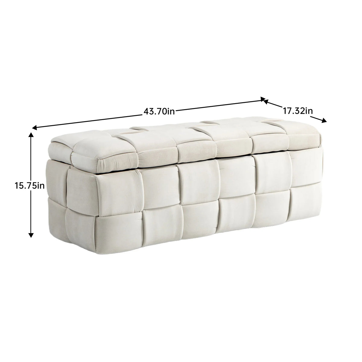 Beige eprolo cushioned fabric storage ottoman with dimensions 43.7in x 17.32in x 15.75in