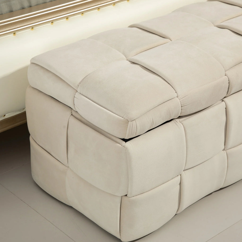 Beige eprolo cushioned fabric storage ottoman chair with safety hinge for bedroom or entrance.