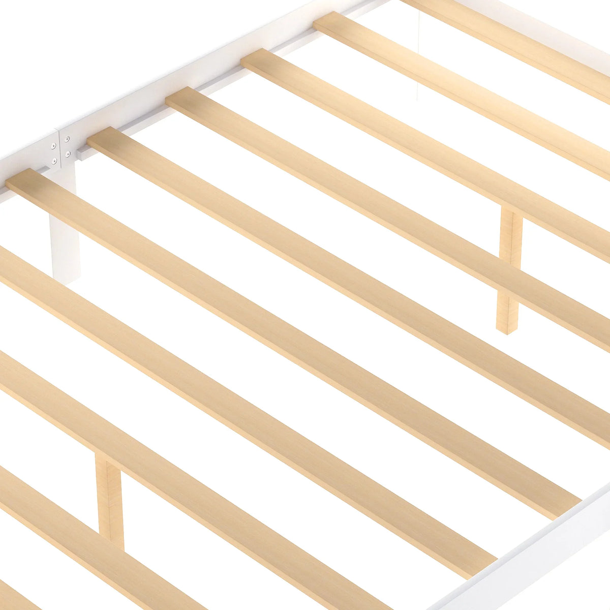 Close-up of the light wood slat support system for an eprolo white platform bed.