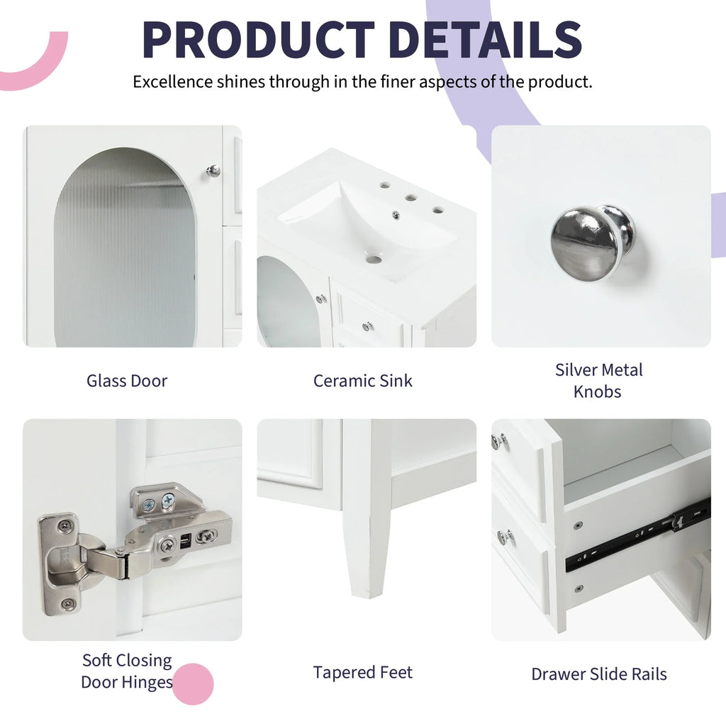 Product details of eprolo white bathroom vanity featuring glass door, ceramic sink, and silver knobs