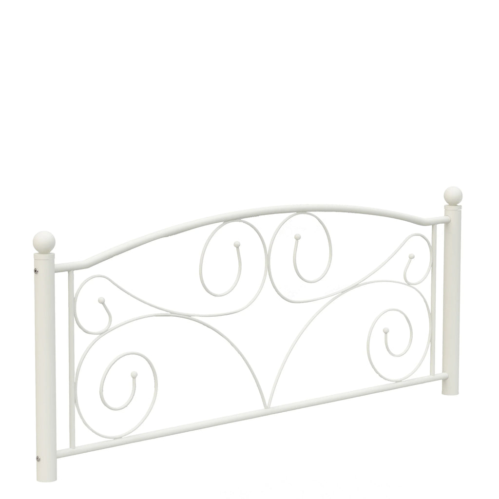 Modern white metal eprolo full bed frame with decorative flower scrollwork design.