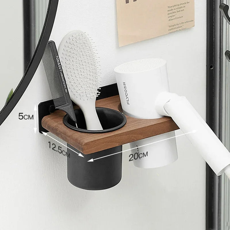 Eprolo solid wood bathroom hair dryer storage rack and brush holder mounted on wall.