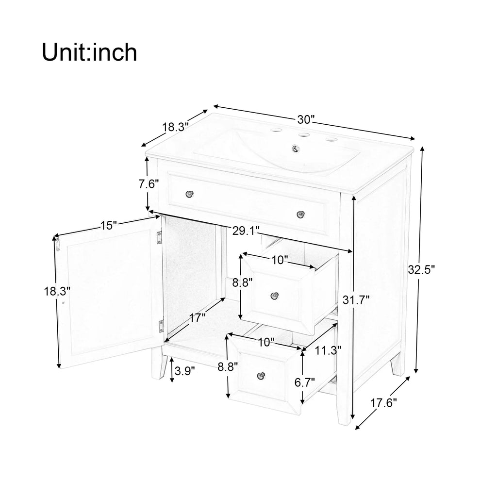 Dimension diagram of eprolo 30 inch green bathroom vanity with sink top and drawers in inches.