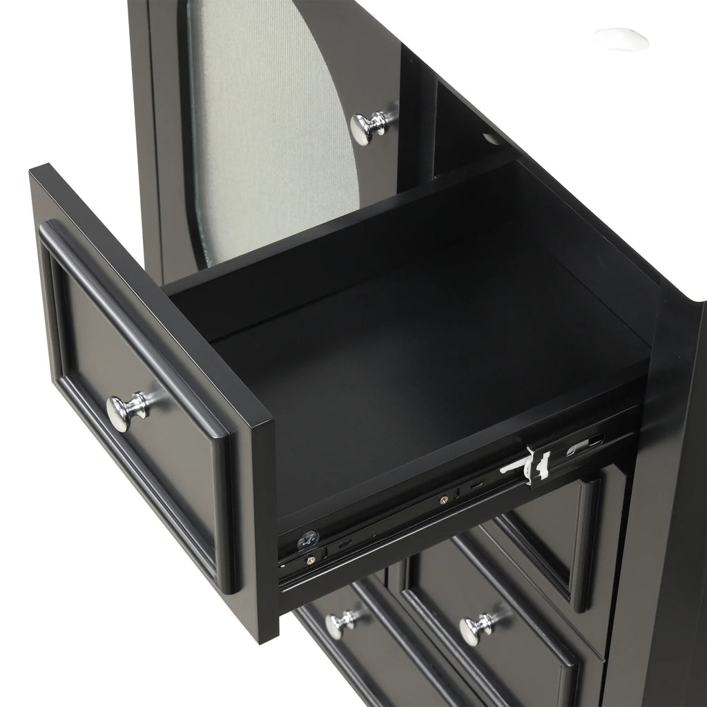 Black 30 inch eprolo bathroom vanity cabinet with an open storage drawer and silver knob.