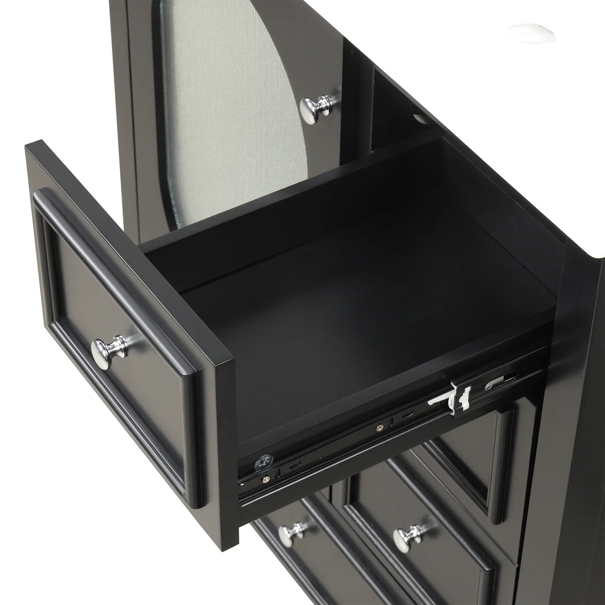 Black 30 inch eprolo bathroom vanity cabinet with an open storage drawer and silver knob.
