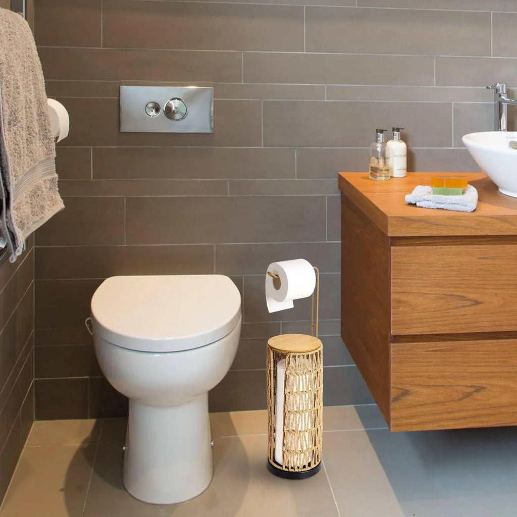Handmade woven freestanding toilet paper holder with storage by eprolo in a modern bathroom