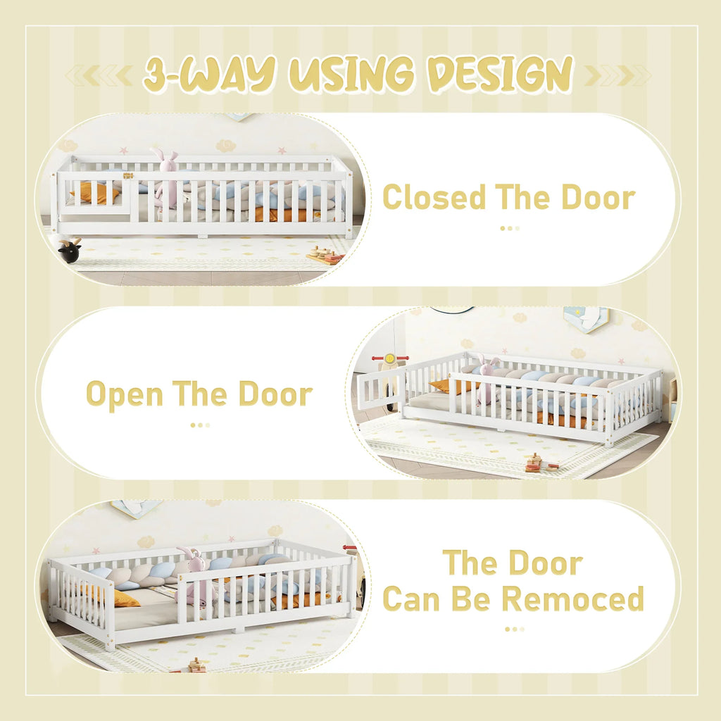eprolo white twin size floor bed showing three configurations: closed door, open door, and no door.