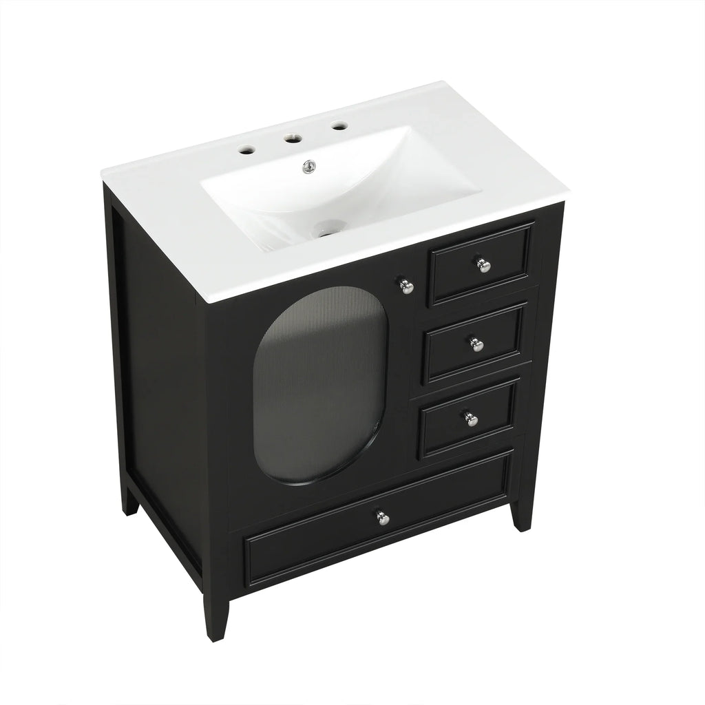 Black 30 inch eprolo bathroom vanity cabinet with white sink and three drawers.