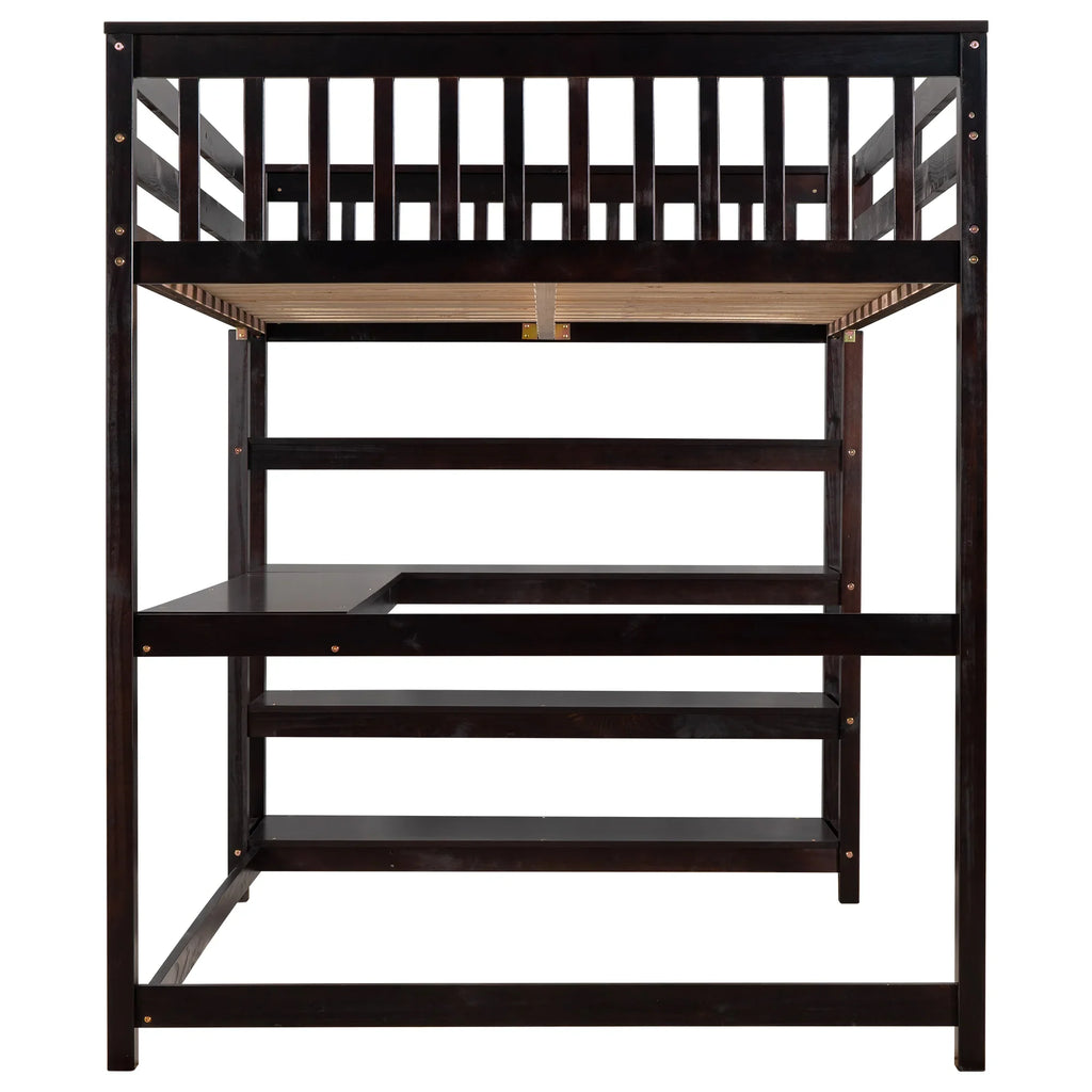 Espresso full size loft bed by eprolo featuring built-in storage shelves and an under-bed desk.