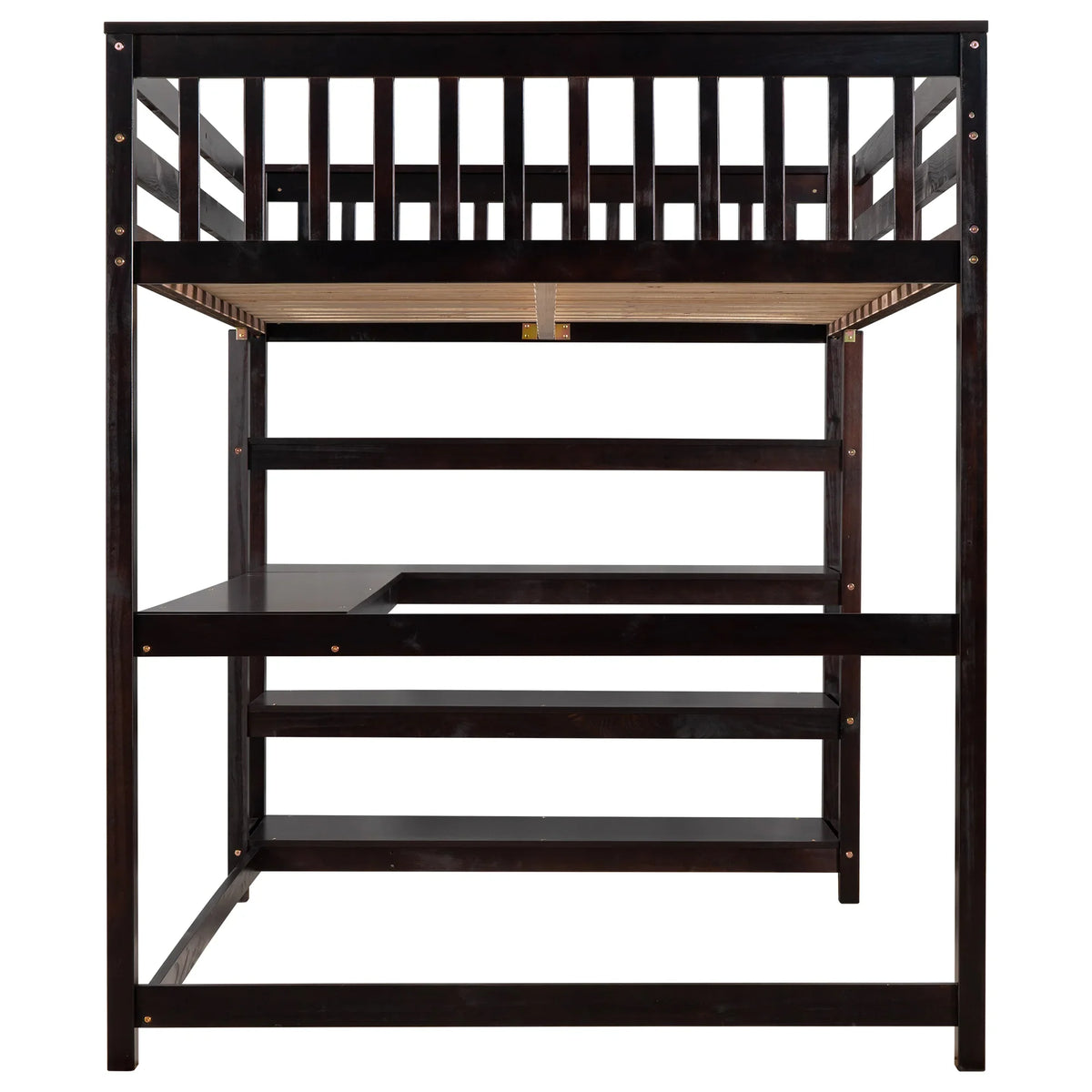 Espresso full size loft bed by eprolo featuring built-in storage shelves and an under-bed desk.