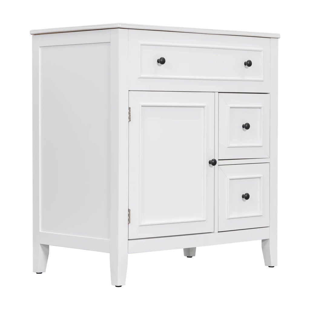 White 30 inch eprolo bathroom vanity cabinet with sink top, one door, and two drawers.