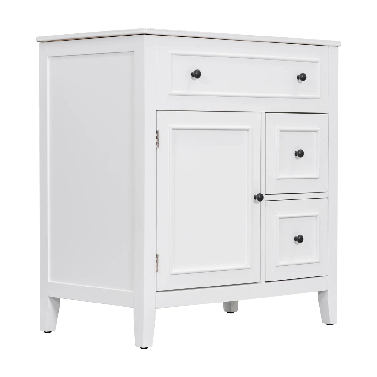 White 30 inch eprolo bathroom vanity cabinet with sink top, one door, and two drawers.