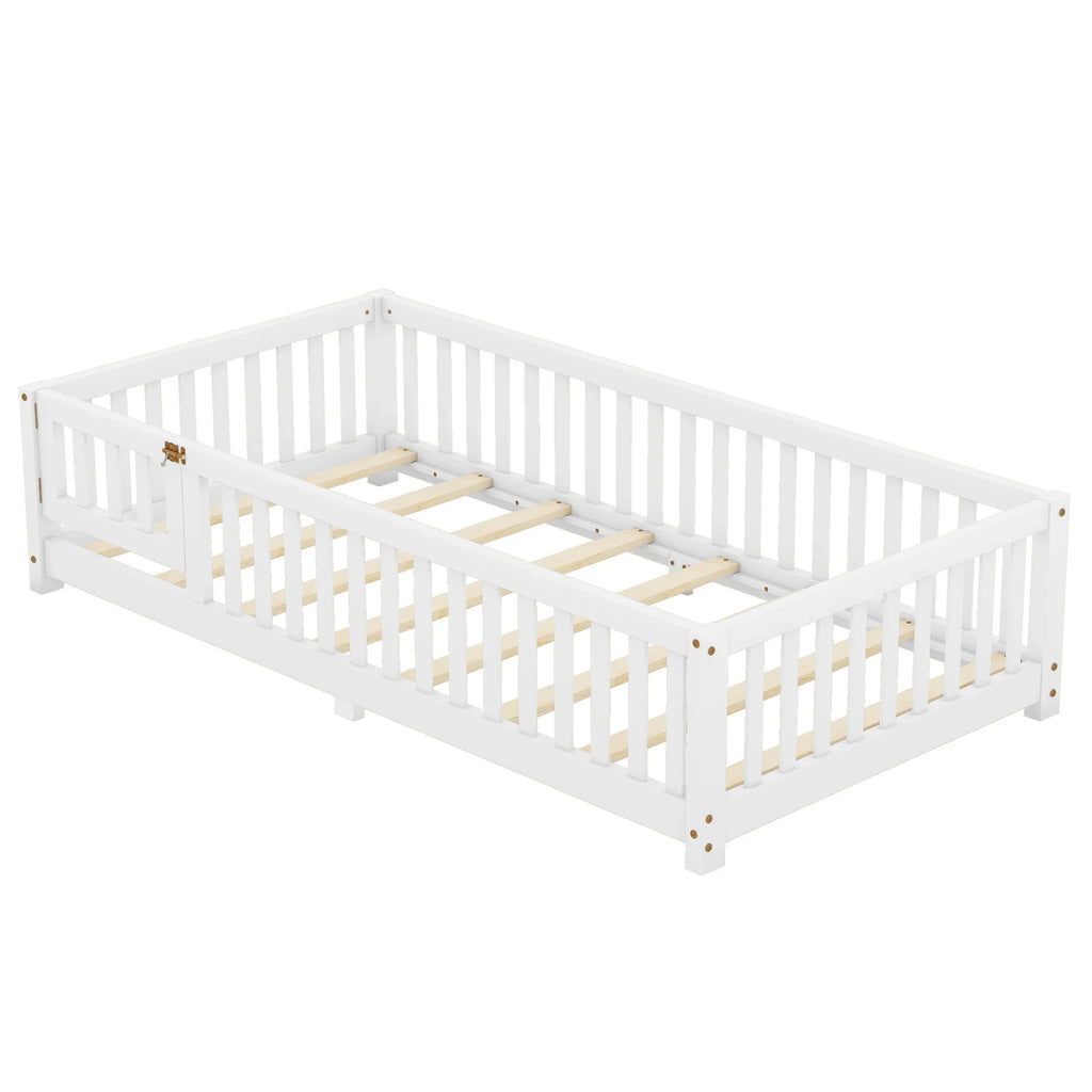White twin size floor bed with safety guardrails and a door by eprolo