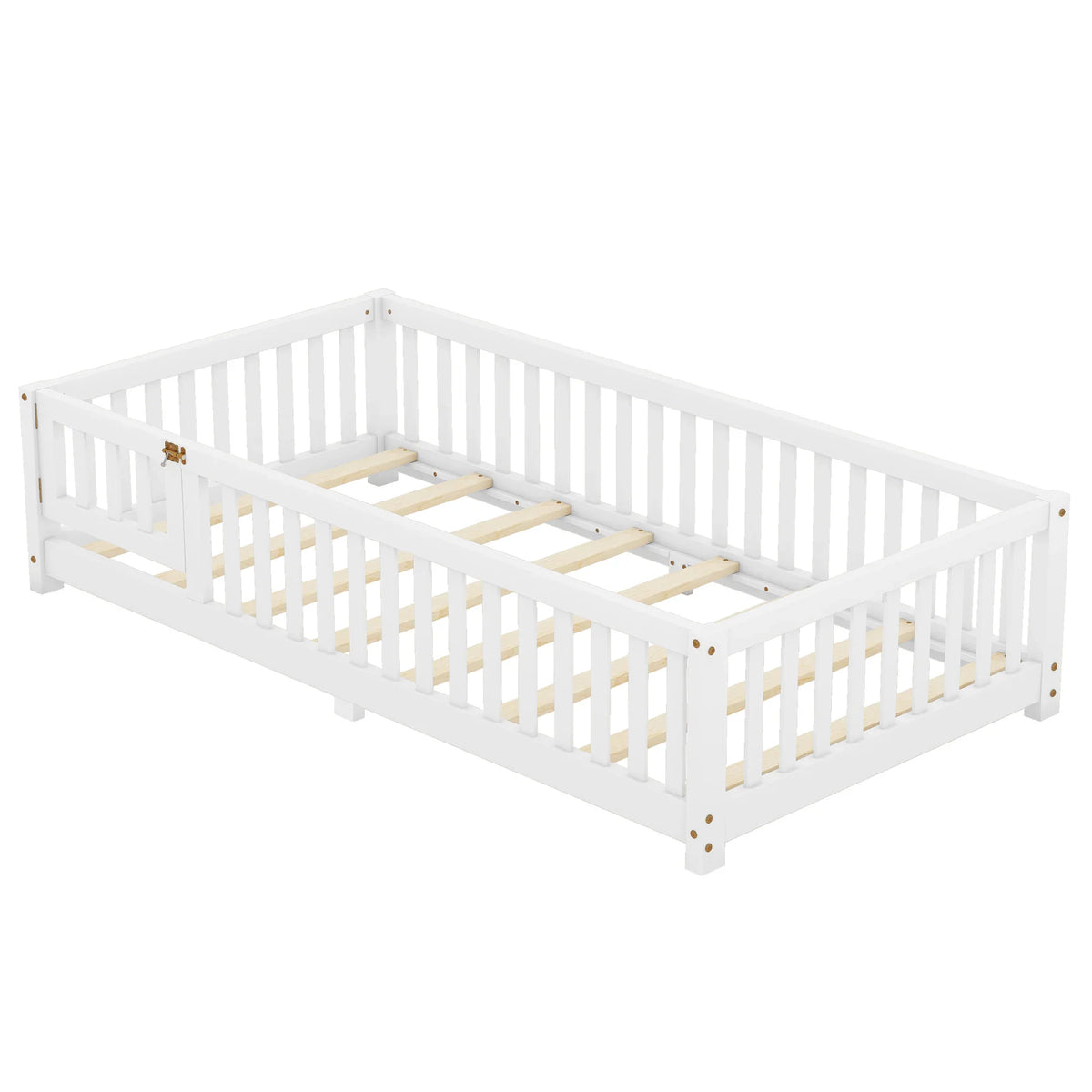 White twin size floor bed with safety guardrails and a door by eprolo