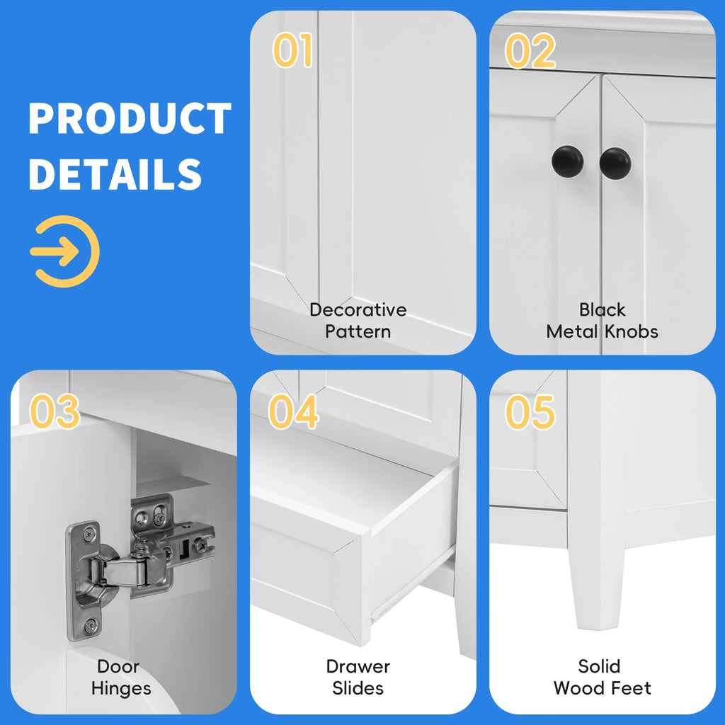 Product details of eprolo white bathroom vanity showing decorative pattern, black knobs, and hinges.