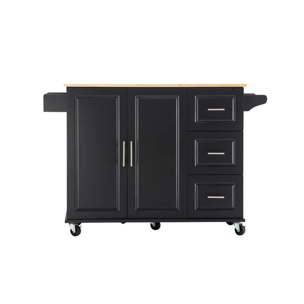 eprolo mobile kitchen island with extensible rubber wood countertop and black storage cabinets