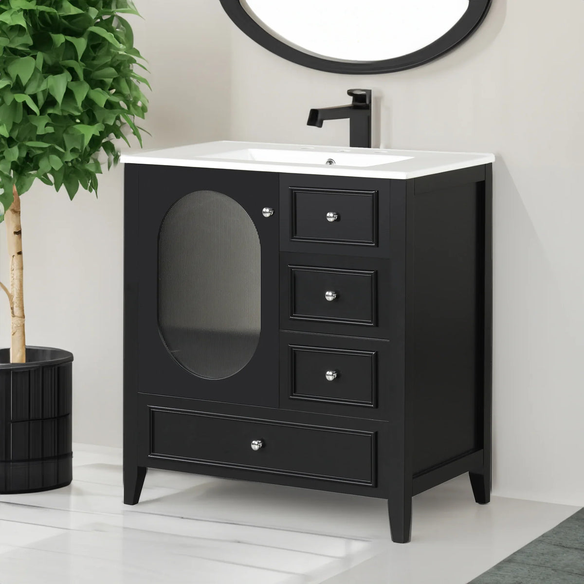 eprolo 30-inch black bathroom vanity with white sink, three drawers, and a frosted glass door