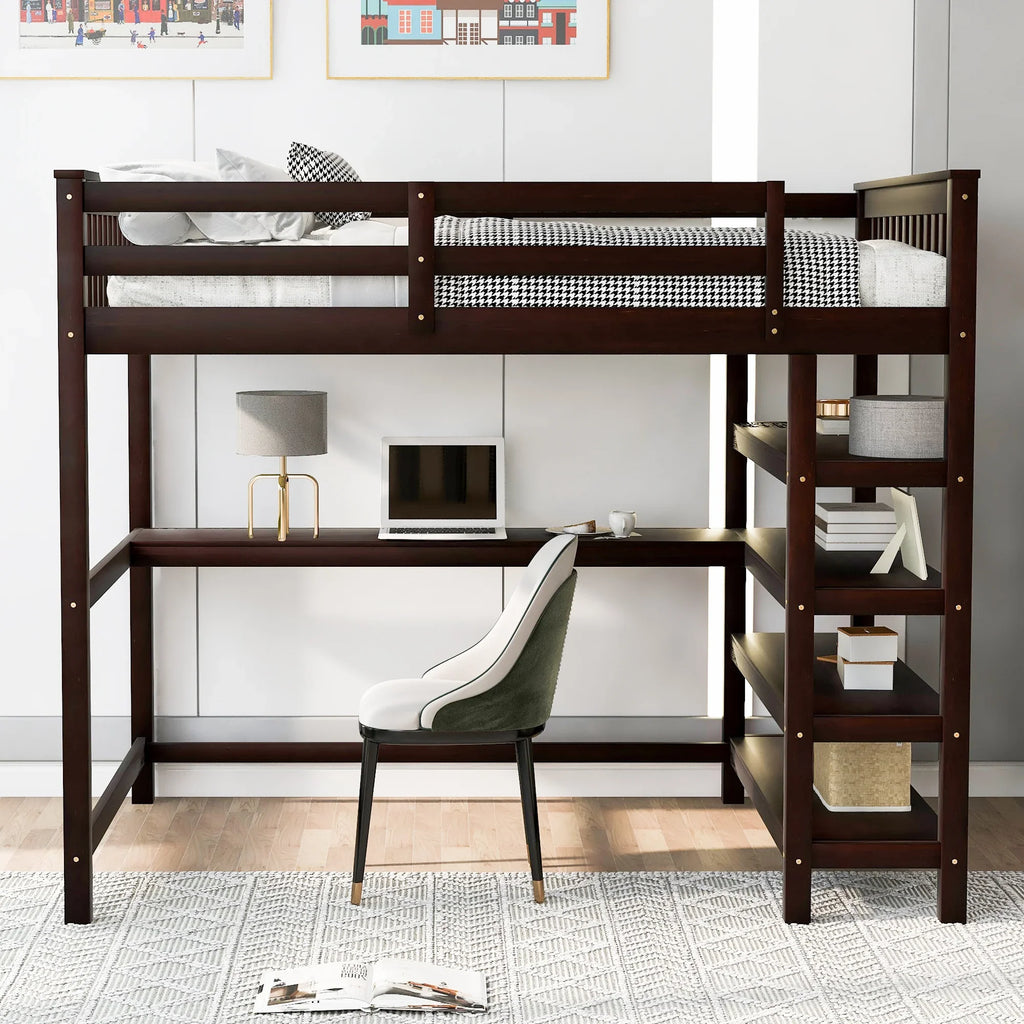 Espresso eprolo full size loft bed with built-in storage shelves and under-bed desk.