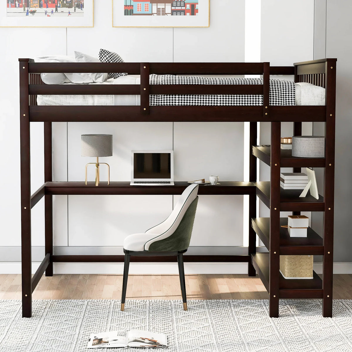 Espresso eprolo full size loft bed with built-in storage shelves and under-bed desk.