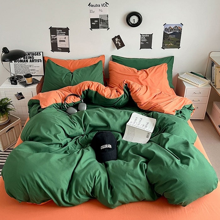 Washed Cotton Solid Color Double Spliced Four-Piece Bedding Set
