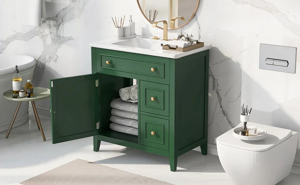 Green eprolo 30 inch bathroom vanity with white sink top and gold hardware
