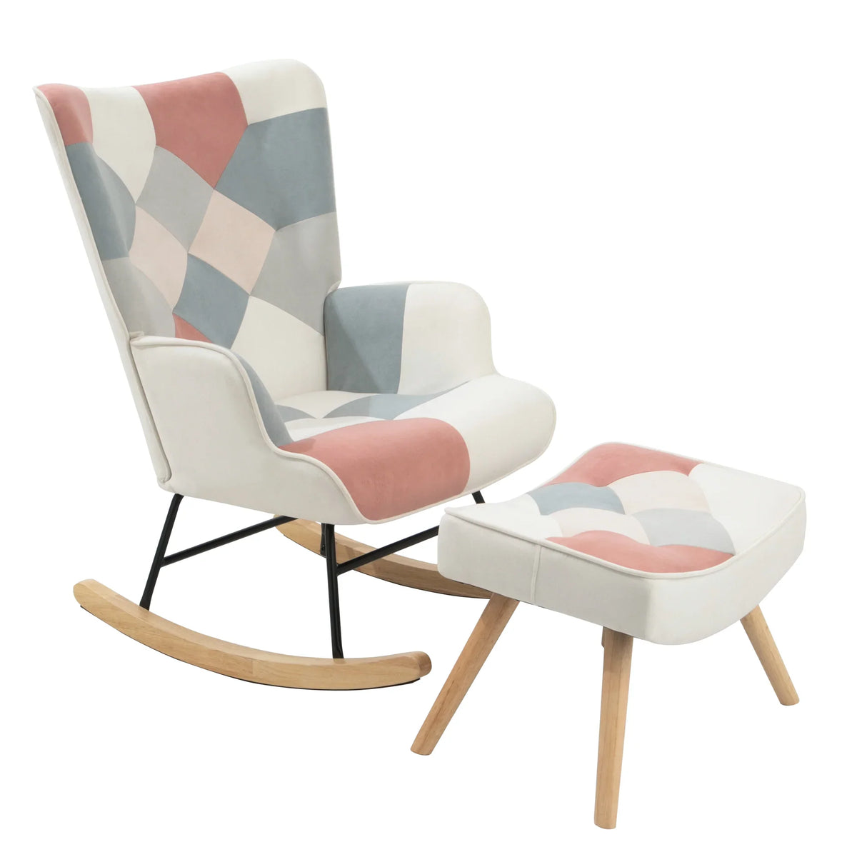 eprolo mid-century fabric rocking chair and ottoman with colorful patchwork design and wood legs