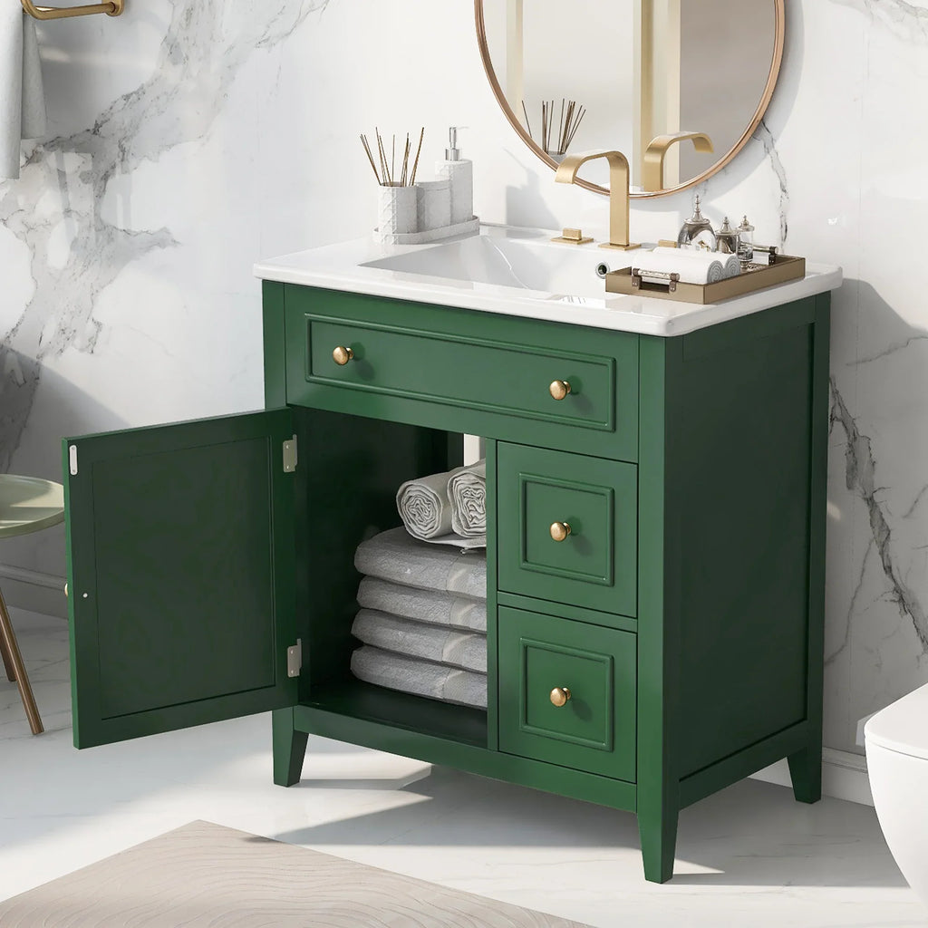 eprolo 30 inch green bathroom vanity with white sink top and gold hardware