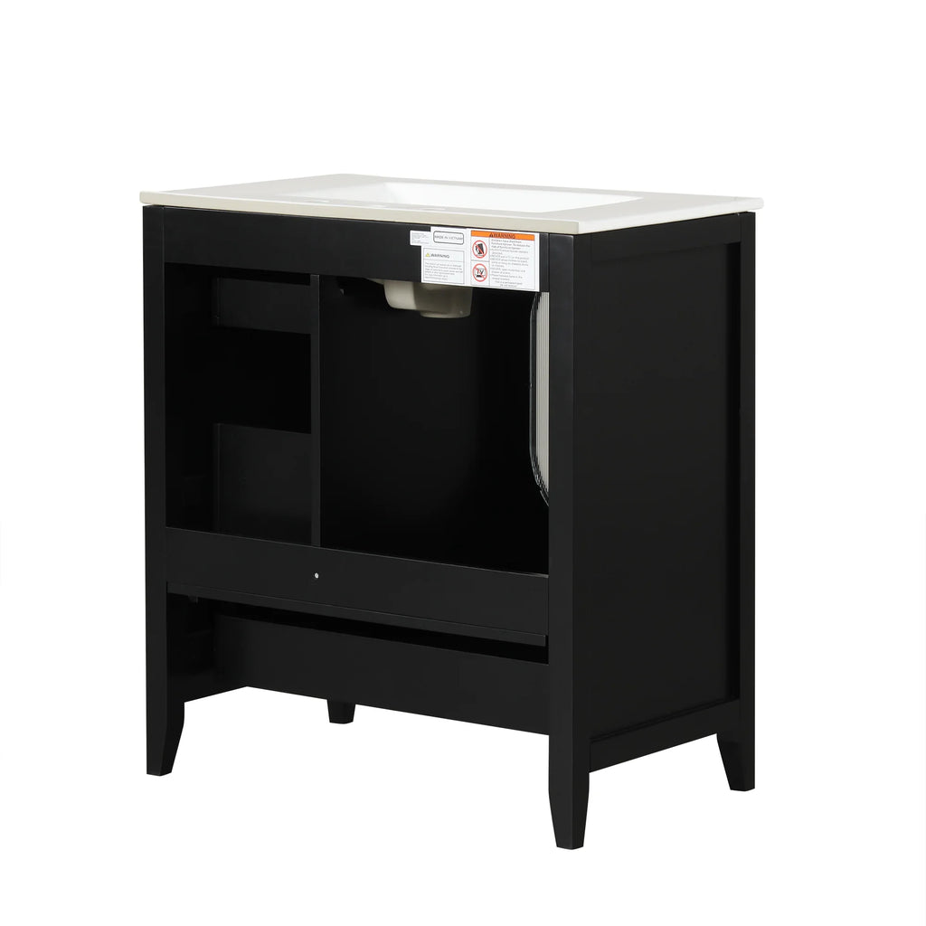 Black eprolo 30 inch bathroom vanity cabinet with white sink and storage drawers