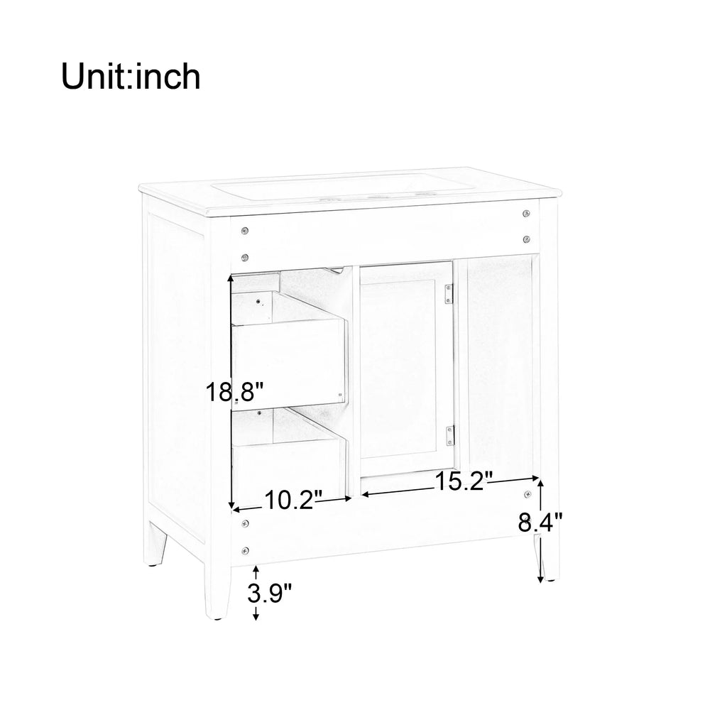 Dimension diagram of eprolo 30 inch green bathroom vanity with drawers and cabinet in inches.