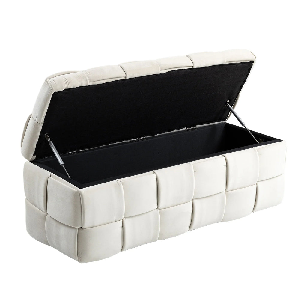 Beige eprolo fabric storage ottoman chair with safety hinge and cushioned seat.