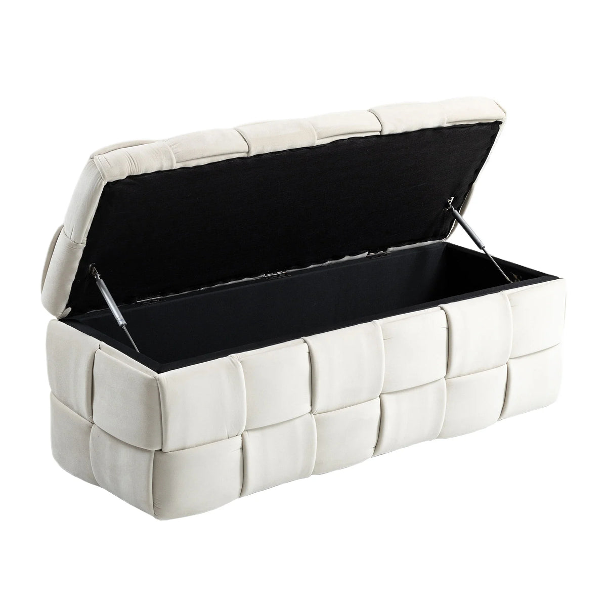 Beige eprolo fabric storage ottoman chair with safety hinge and cushioned seat.