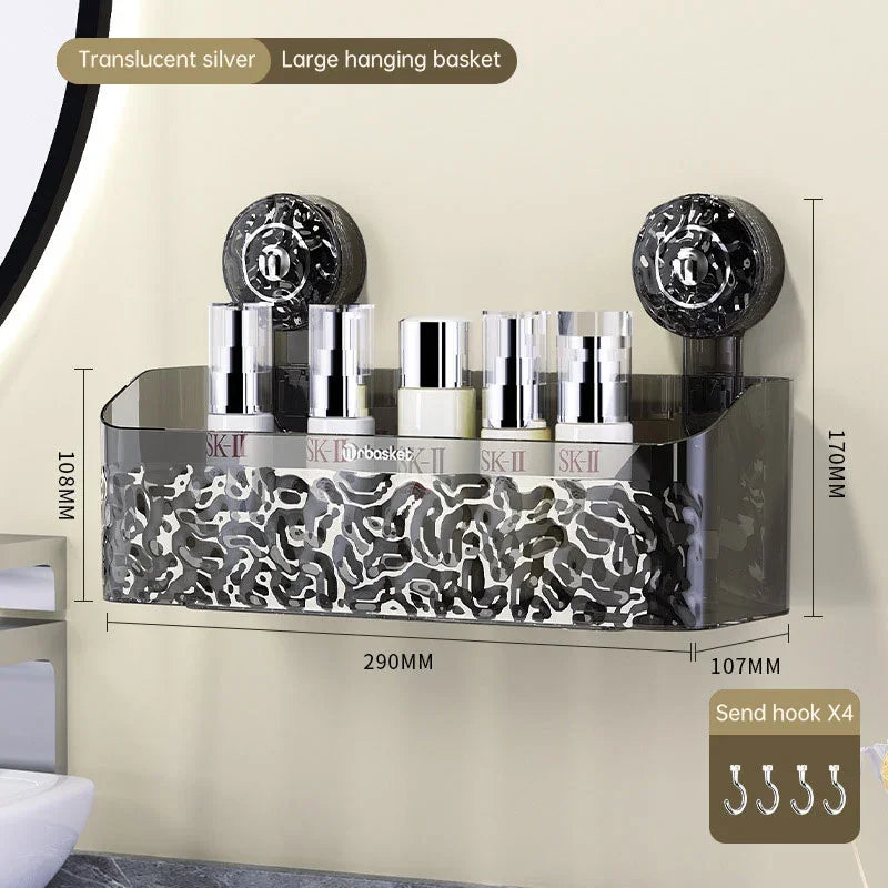 eprolo translucent silver suction bathroom shelf with skincare products and dimensions