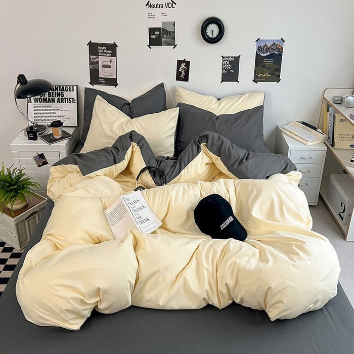 Washed Cotton Solid Color Double Spliced Four-Piece Bedding Set