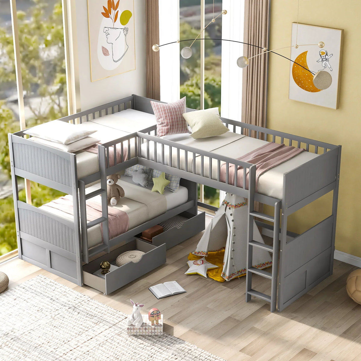 Gray twin size bunk bed with loft bed and two storage drawers by eprolo