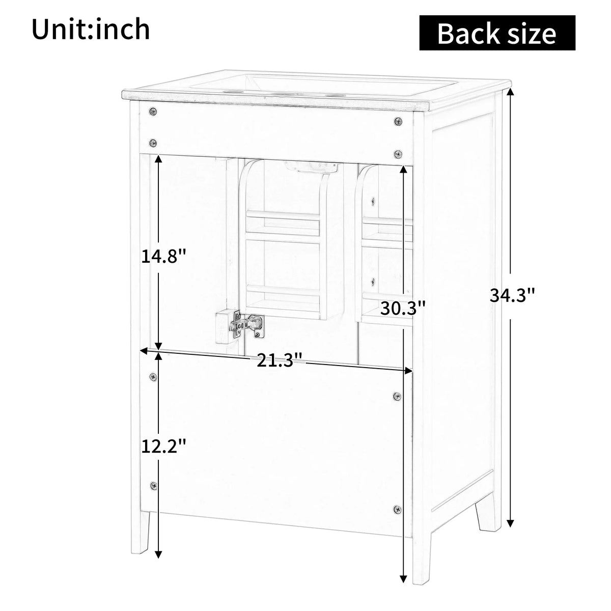Back size diagram of eprolo 24-inch white bathroom vanity showing dimensions in inches.