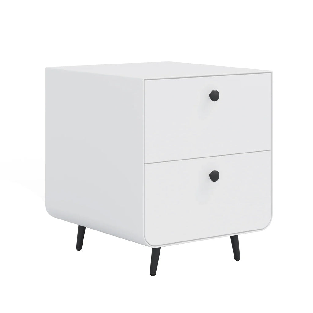Modern white eprolo night stand with two drawers and black legs for bedroom storage