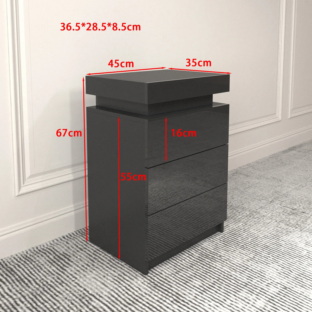 Modern black LED nightstand with multi-colour lighting and three drawers by eprolo
