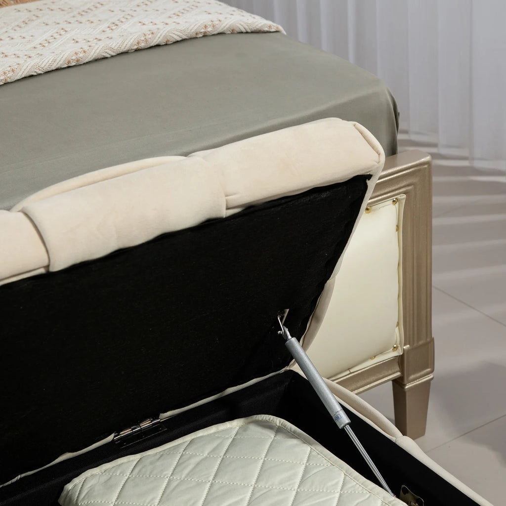 Beige eprolo storage ottoman chair with safety hinge and cushioned fabric lid open.