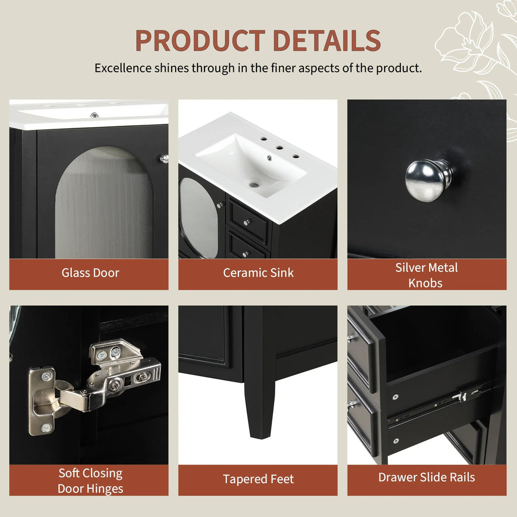 Product details of eprolo black bathroom vanity with glass door, ceramic sink, and tapered feet.