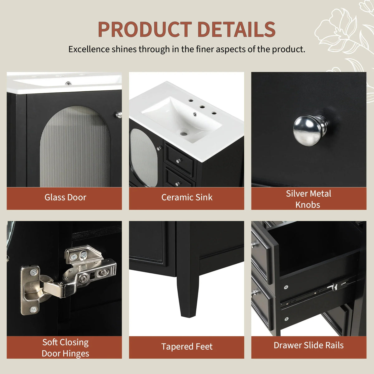 Product details of eprolo black bathroom vanity with glass door, ceramic sink, and tapered feet.
