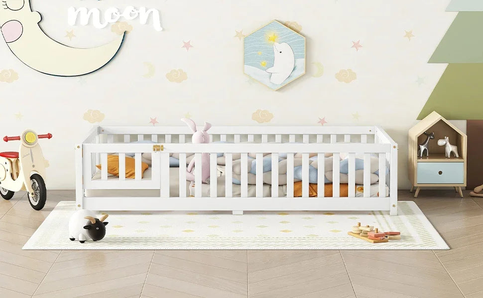 White eprolo twin size kids floor bed with safety guardrails in a decorated nursery