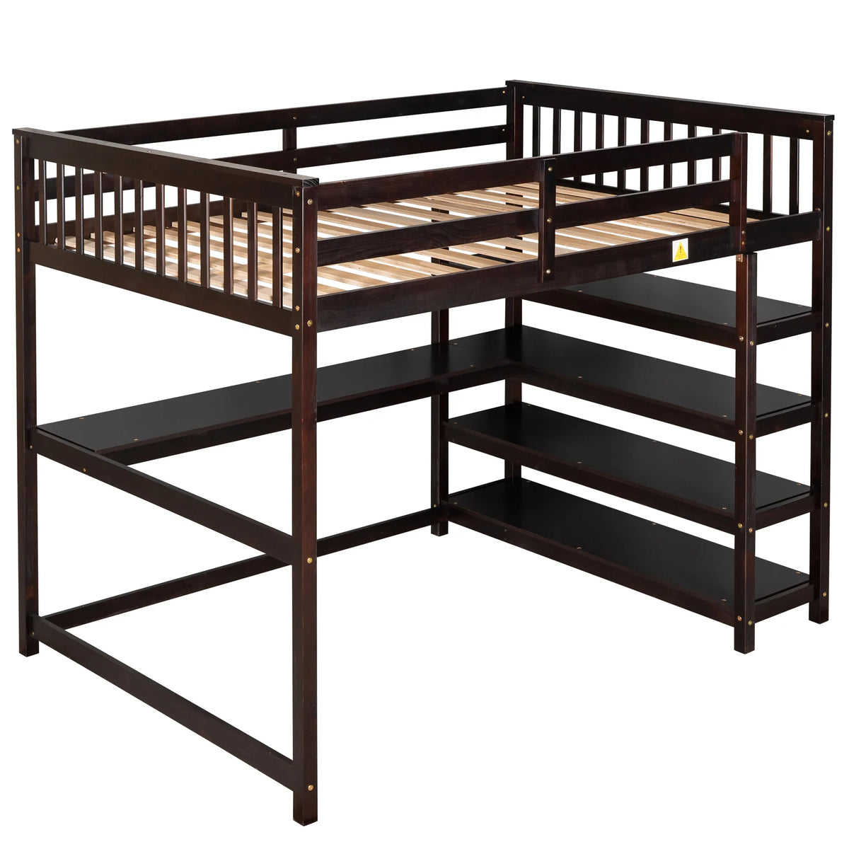 eprolo full size espresso loft bed with built-in storage shelves and under-bed desk area
