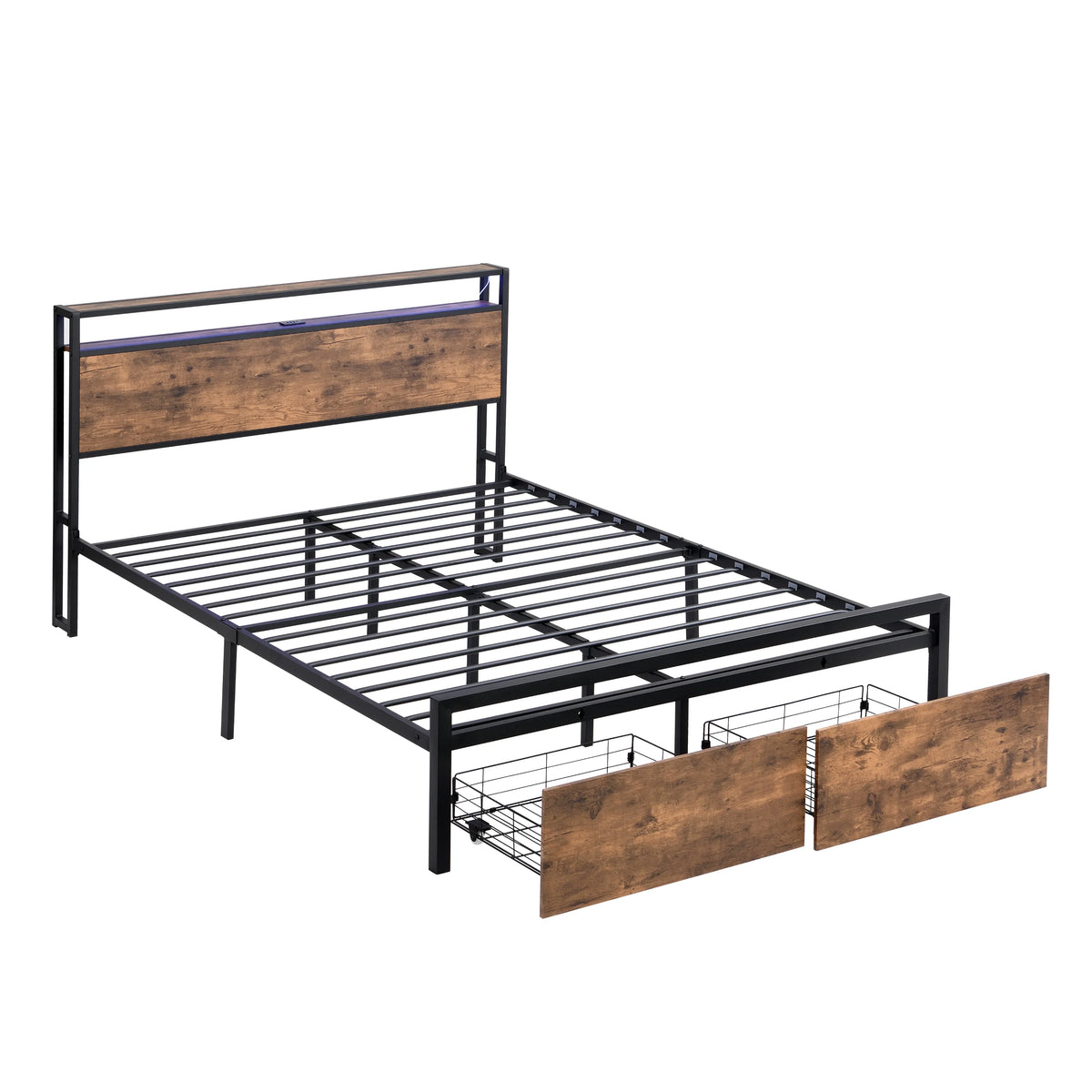 eprolo LED platform bed with wooden headboard, black metal frame, and under-bed storage drawers